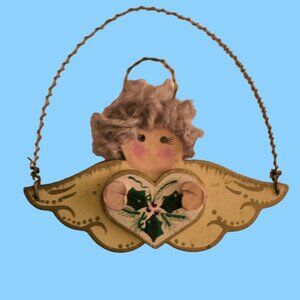 Wooden Angel Heart Ornament Handcrafted Vintage Victorian 95 Signed Gloria